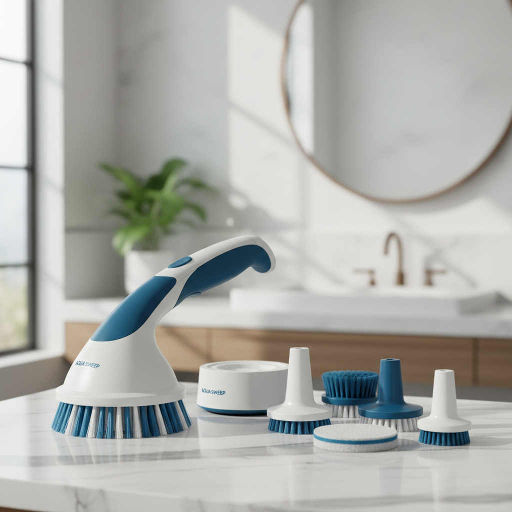 Cleanova SpinScrub 9-in-1 electric spin cleaning brush set on marble surface