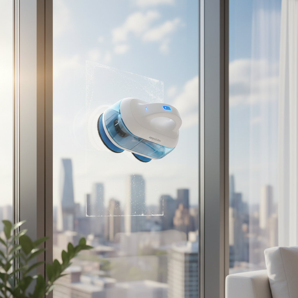 Cleanova WipeGlide electric wireless window cleaner on glass window