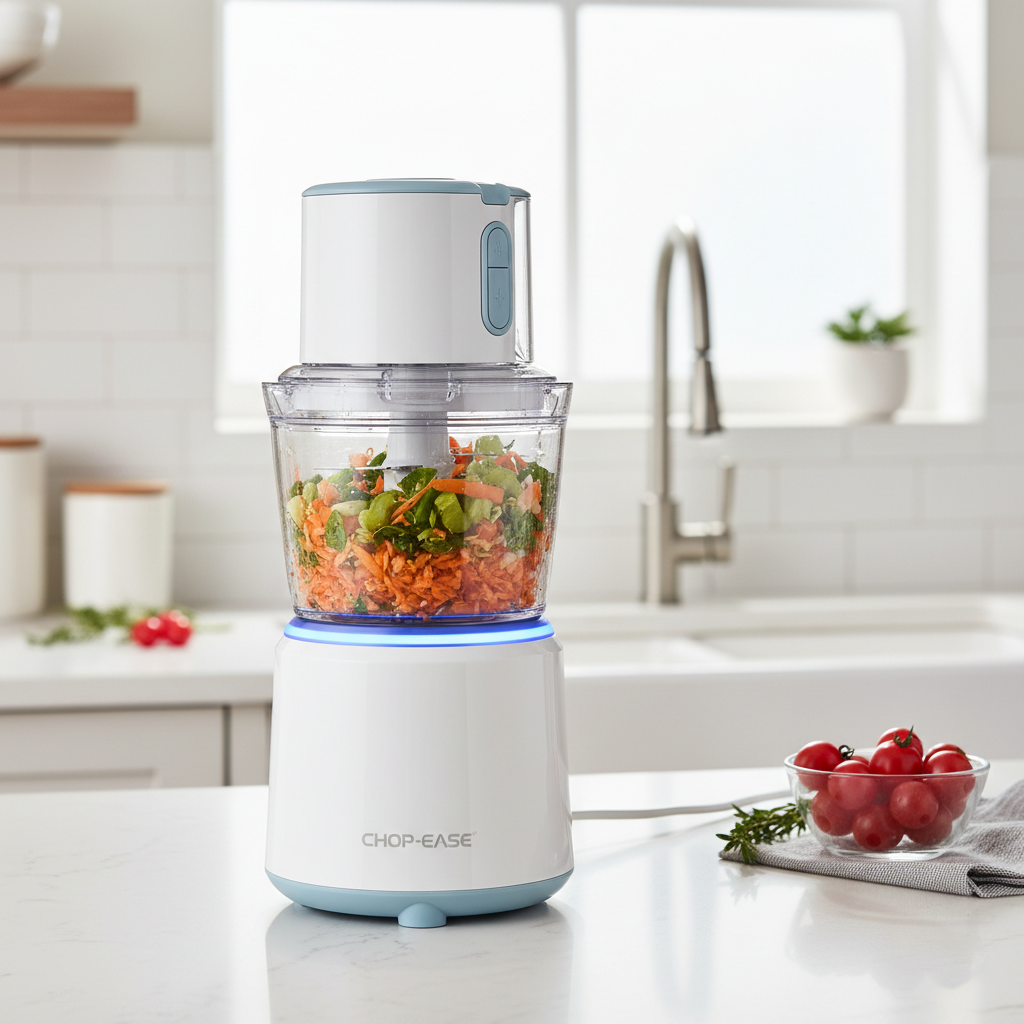 Cleanova ChopMaster electric food chopper blending vegetables on kitchen counter